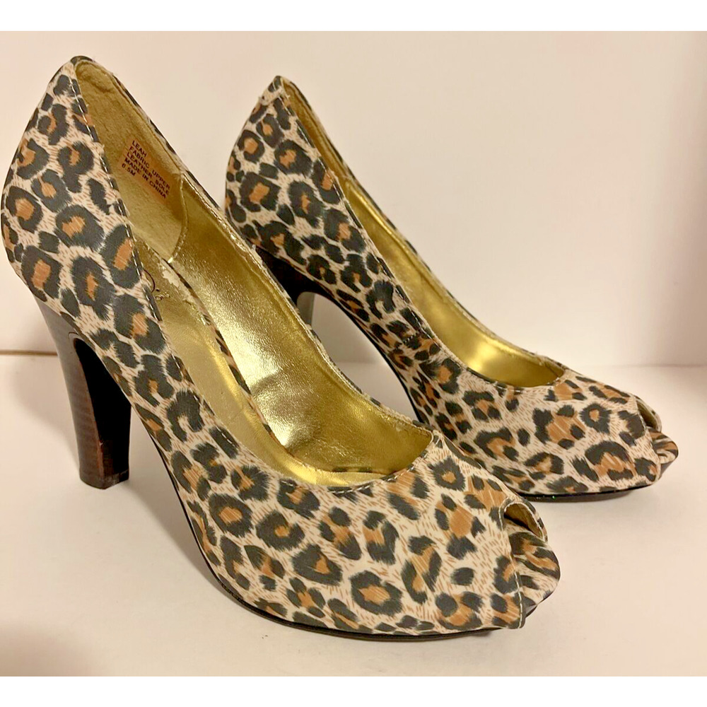 New Directions Leah Leopard Print Peep Toe Heels Womens 6.5M